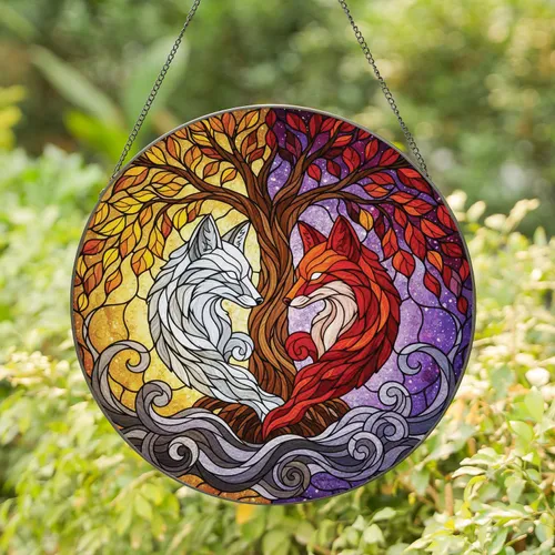Foxes Yin Yang Intertwined Tree Autumn Cosmic Nebula Sky - Wildlife Lover Home Decor Gift Stained Glass Suncatcher
