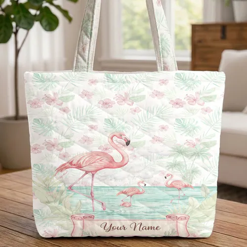 Elegant Flamingos Tropical Palm Hibiscus Flowers - Everyday Carry Gift for Flamingo Lover Quilted Tote Bag