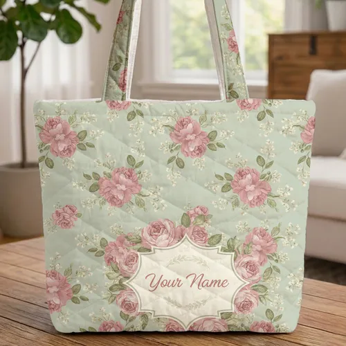 Vintage Roses Green Leaves Floral Medallion Calligraphy Wreath - Everyday Carry Quilted Tote Bag