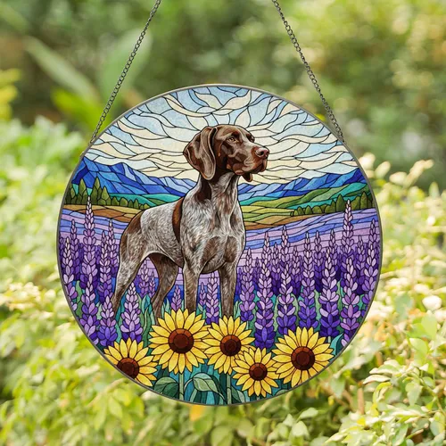 German Shorthaired Pointer Lavender Sunflower Fields - Home Decor Gift for Dog Lover Stained Glass Suncatcher