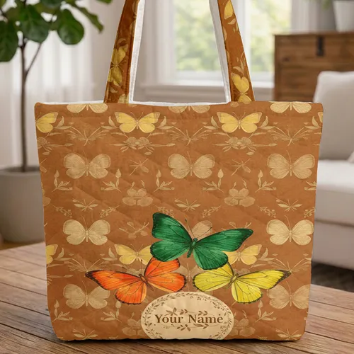 Ghosted Butterflies Botanical Floral Wreath Everyday Carry Gift for Her Quilted Tote Bag
