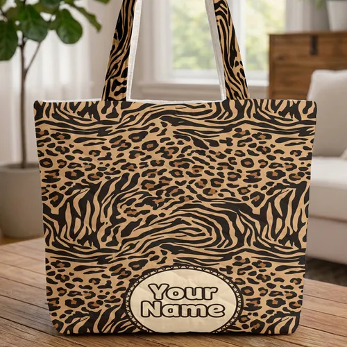 Jungle Animal Leopard Tiger Spots Stripes Name Medallion Everyday Travel Work Commute Gift Quilted Tote Bag