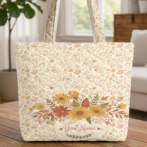 Botanical Wildflower Bouquet Name Wreath Flourish - Everyday Carry Gift Quilted Tote Bag