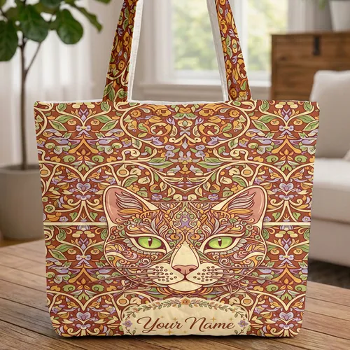 Floral Cat Face Botanical Vines Wreath - Everyday Carry Gift for Cat Lover Quilted Tote Bag