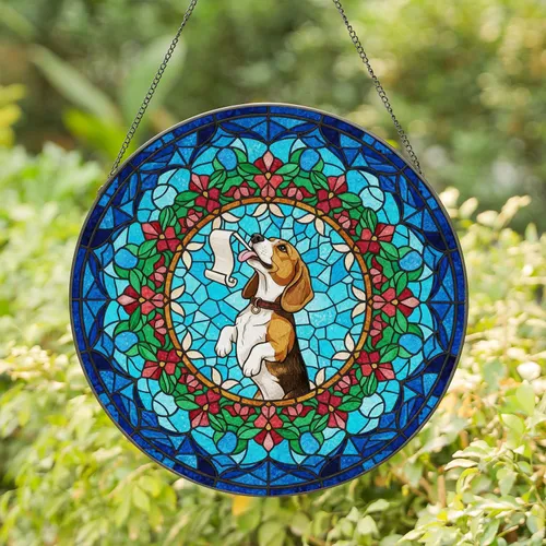Beagle Dog Tiffany Glass Floral Leafy Geometric Mosaic - Dog Lover Home Decor Gift Stained Glass Suncatcher