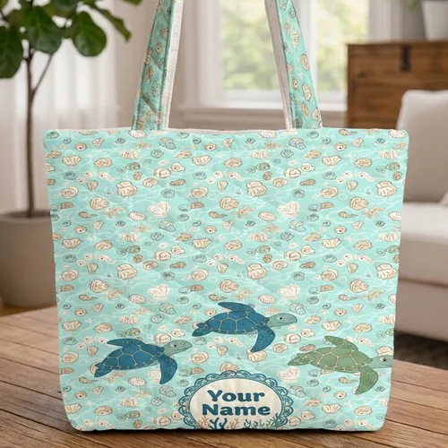 Swimming Sea Turtles Coral Reef Seashells Starfish - Ocean Lover Travel Essentials Quilted Tote Bag