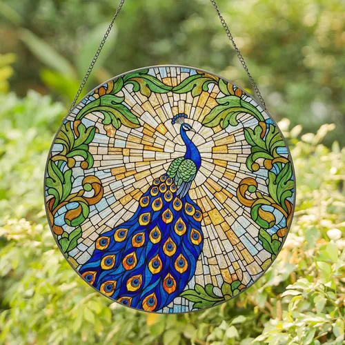 Majestic Peacock Fanned Tail Leaves Mosaic - Home Decor Bird Lover Gift Stained Glass Suncatcher