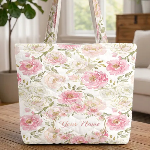 Loose Watercolor Peony Camellia Floral Medallion Gold Leaf Accents - Everyday Carry Lifestyle Gift Quilted Tote Bag