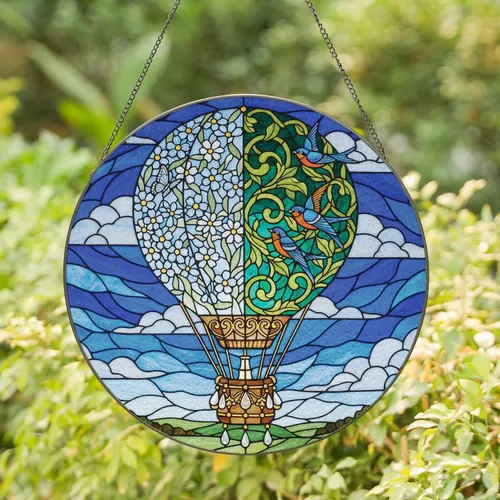 Hot Air Balloon Mosaic Flowers Birds Crystal Golden Scrollwork - Home Decor Gift Stained Glass Suncatcher