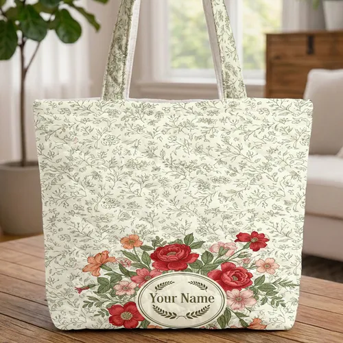 Botanical Floral Bouquet Green Leaves Sprigs - Everyday Carry Travel Gift for Her Quilted Tote Bag