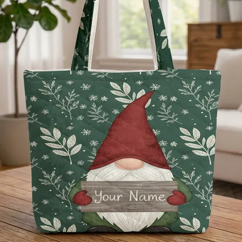 Gnome Winter Leaves Snowflakes Sign - Everyday Carry Gift Quilted Tote Bag