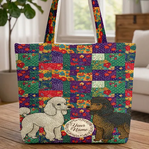 Personalized Poodles Floral Wreath Patchwork - Everyday Carry Gift for Poodle Lover Quilted Tote Bag
