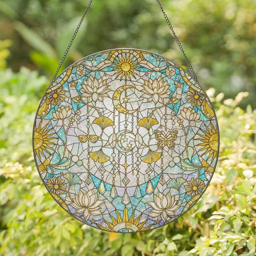 Symmetrical Celestial Botanical Suns Moon Lotus Butterfly Crystal Window Decor Stained Glass Suncatcher