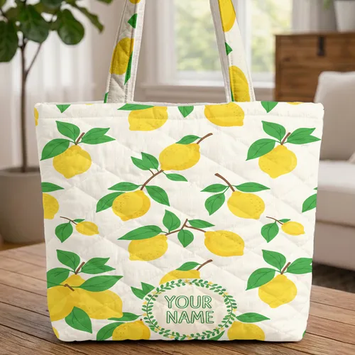Ripe Yellow Lemons Green Leaves Personalized Name - Everyday Carry Gift Quilted Tote Bag