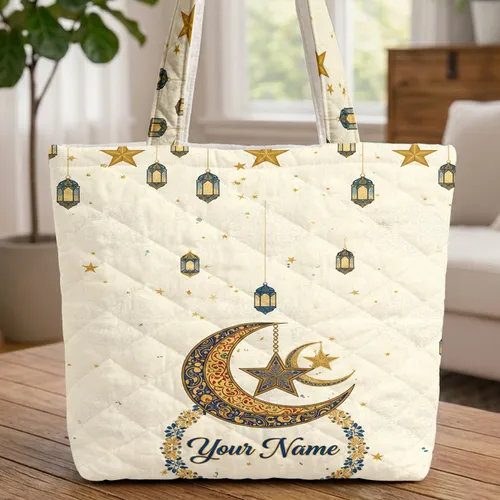 Crescent Moon Star Golden Lanterns Personalized Everyday Carry Gift Quilted Tote Bag