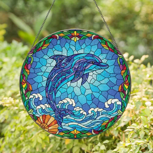Dolphin Ocean Waves Conch Seashell Floral Leafy - Home Decor Gift for Ocean Lover Stained Glass Suncatcher