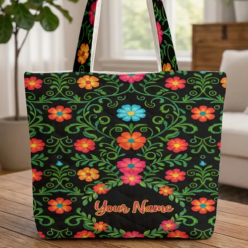 Ornate Embroidered Folk Art Flowers Wreath Personalized - Everyday Carry Gift Quilted Tote Bag