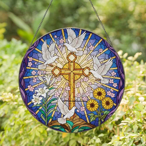 Ornate Christian Cross Doves Lilies Blossoms Sunrays - Home Decor Gift for Christian Stained Glass Suncatcher