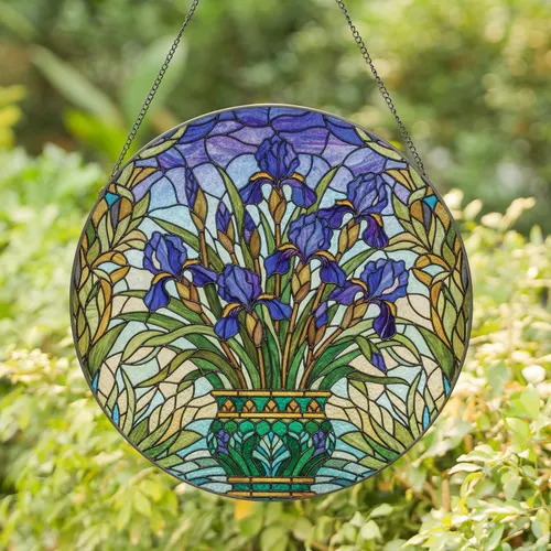 Iris Flowers Ornate Mosaic Pot Lush Leaves Stained Glass - Home Decor Gift Stained Glass Suncatcher