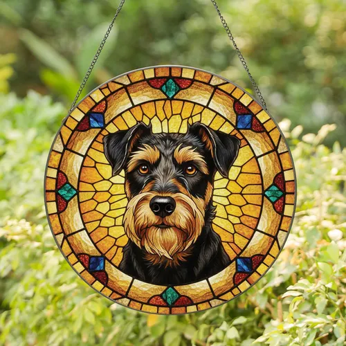 Curious Black Tan Terrier Dog Portrait Segmented Border - Home Decor Gift for Dog Lover Stained Glass Suncatcher