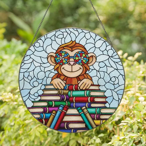 Furry Monkey Stacked Books Mosaic Sunglasses - Reading Nook Decor Gift Stained Glass Suncatcher