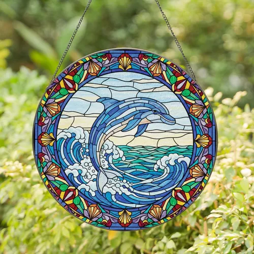 Majestic Dolphin Stained Glass Mosaic Ocean Waves - Wildlife Lover Home Decor Gift Stained Glass Suncatcher