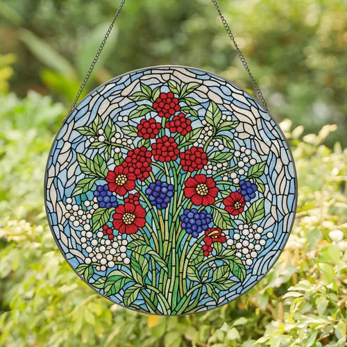 Stained Glass Botanical Blooming Red Flowers Indigo Berries Green Leaves Sky Swirls - Home Decor Gift Stained Glass Suncatcher