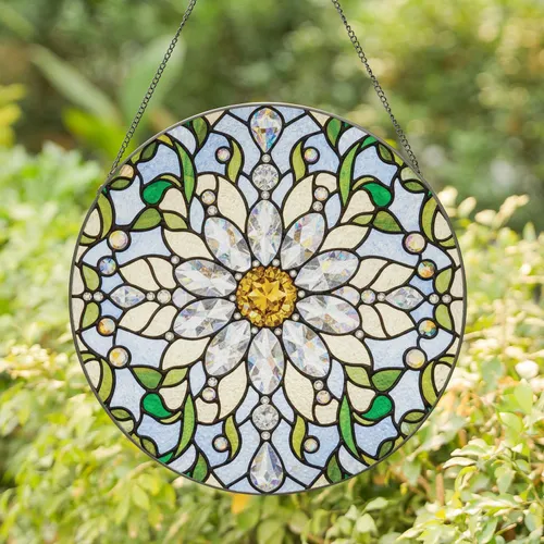 Tiffany Glass Crystal Daisy Flower Faceted Beads Luminous Mosaic Jewel Tones - Home Decor Gift Stained Glass Suncatcher