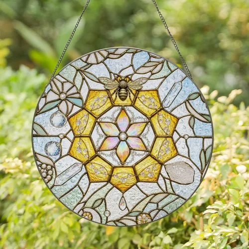 Golden Honeycomb Iridescent Flower Crystal Bee - Home Decor Gift for Crystal Lover Stained Glass Suncatcher