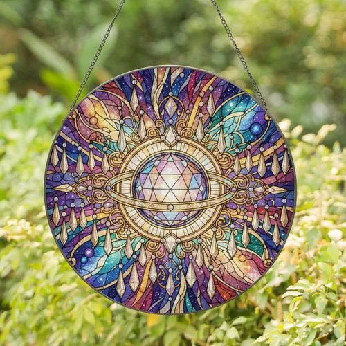 Faceted Crystal Sphere Golden Rings Ornate Filigree Celestial Forms Home Decor Gift Stained Glass Suncatcher