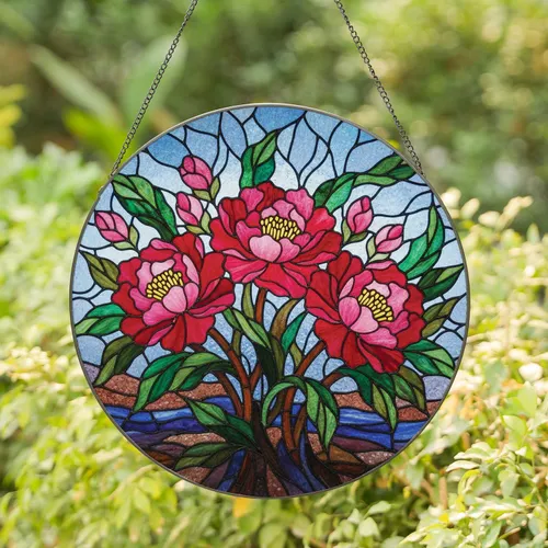 Glowing Peony Flowers Pink Buds Variegated Leaves Mosaic - Home Decor Gift Stained Glass Suncatcher