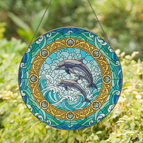 Dolphin Family Leaping Waves Rococo Border Ocean Home Decor Gift for Ocean Lover Stained Glass Suncatcher