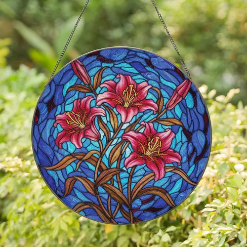 Pink Magenta Lily Blooms Yellow Orange Throats Organic Swirling Mosaic - Home Decor Gift Stained Glass Suncatcher
