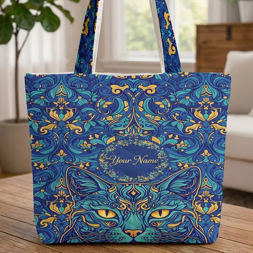Personalized Swirling Floral Cat Wreath - Everyday Carry Botanical Travel Quilted Tote Bag
