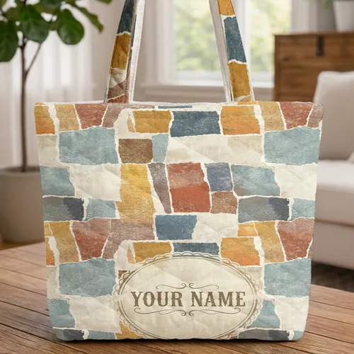 Distressed Fresco Document Patches Personalized Name Everyday Carry Gift Quilted Tote Bag