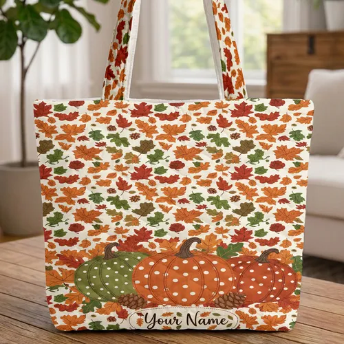Personalized Polka Dot Pumpkins Fall Leaves Pine Cones - Everyday Carry Gift Quilted Tote Bag