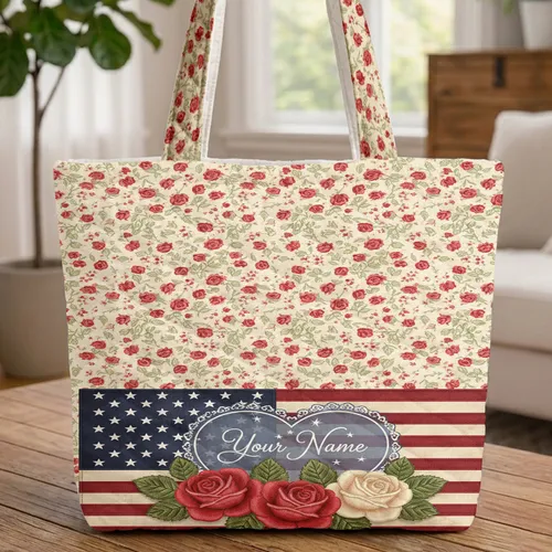 American Flag Red Roses Name Heart Everyday Carry Gift for Flag Lovers Quilted Tote Bag
