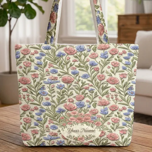 Wildflower Botanical Floral Bouquet Personalized Name Wreath Everyday Carry Quilted Tote Bag