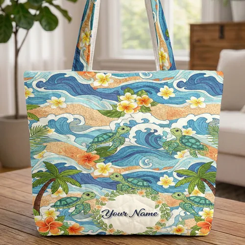 Sea Turtles Plumeria Palm Trees - Everyday Carry Gift for Ocean Lovers Quilted Tote Bag