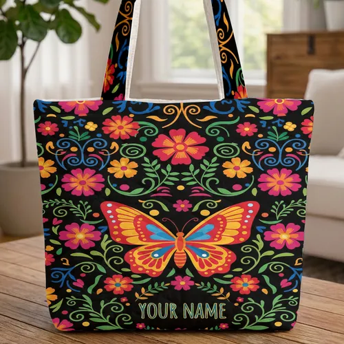 Large Ornate Vibrant Folk Art Butterfly Floral Garden - Everyday Carry Gift Quilted Tote Bag