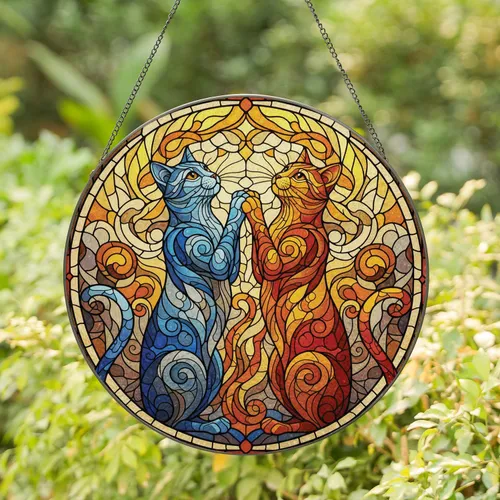 Two Affectionate Mosaic Cats Stained Glass - Tiffany Style Home Decor Gift for Cat Lovers Stained Glass Suncatcher