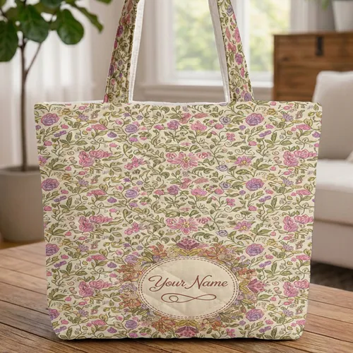 Ornate Richly Botanical Bouquet Flowing Vines Personalized Medallion - Everyday Carry Gift Quilted Tote Bag