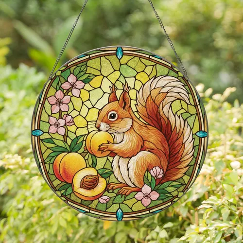 Fluffy Squirrel Peaches Blossoms Dappled Sunlight Teal Jewel Frame - Home Decor Gift Stained Glass Suncatcher