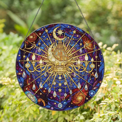 Golden Celestial Chandelier Moon Star Crystal Prisms Cosmic Galaxy Home Decor Gift Stained Glass Suncatcher