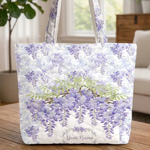 Personalized Wisteria Cascading Blossoms Intertwining Floral Wreath - Everyday Carry Gift Quilted Tote Bag