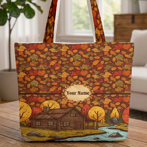Rustic Log Cabin River, Autumn Leaves, Personal Name – Everyday Carry Gift Quilted Tote Bag