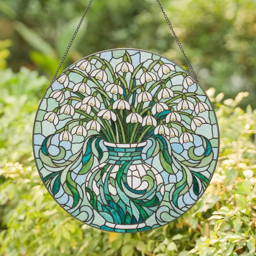 Snowdrop Bouquet Mosaic Bulbous Vase Foliage Swirls - Home Decor Gift for Garden Lover Stained Glass Suncatcher