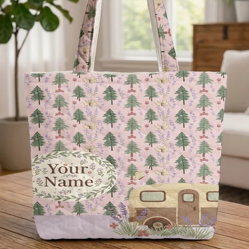 Vintage Camper Van Lavender Pines Floral Name Wreath - Travel Essentials Gift Quilted Tote Bag