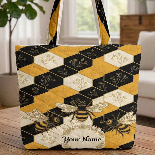 Ornate Honeybees Honeycomb Floral Wreath Everyday Carry Gift for Bee Lover Quilted Tote Bag