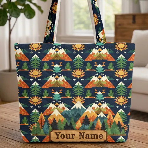 Personalized Mountain Evergreen Western Sign - Everyday Carry Gift Quilted Tote Bag